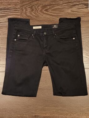 ❤ AG ADRIANO GOLDSCHMIED STEVIE SLIM STRAIGHT ANKLE SATEEN JEANS, 2 (26) Black.
